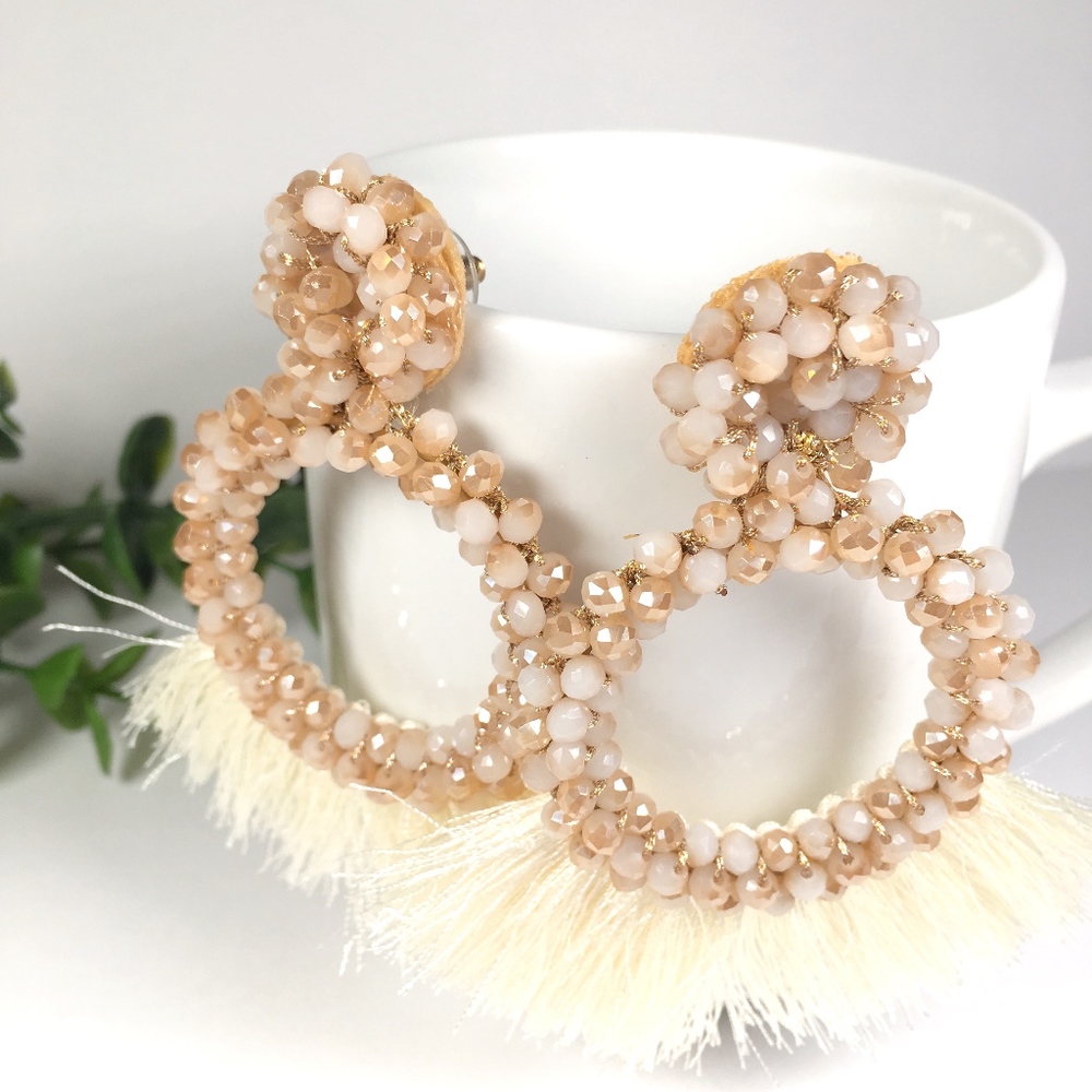 Beaded Hoop Tassel Geometric Statement Earrings - Picture 4 of 6